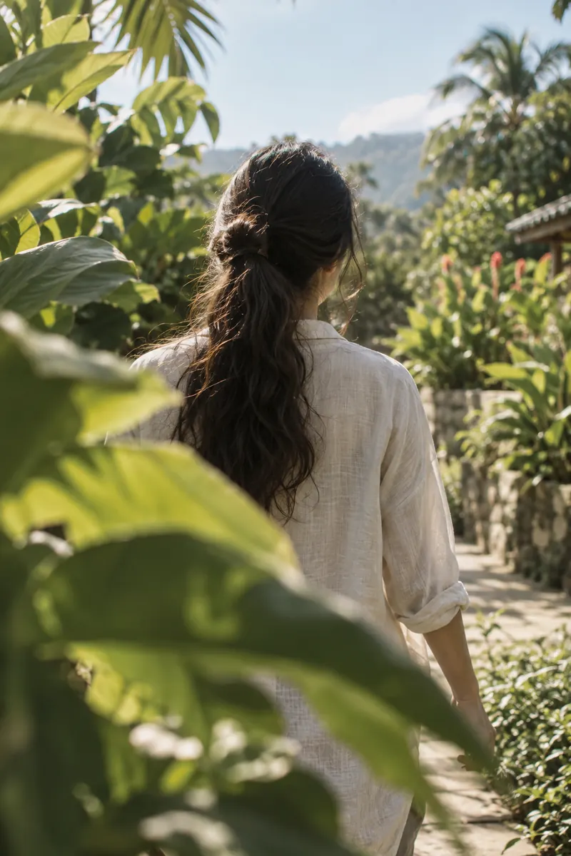 Una persona caminando tranquilamente por un jardín