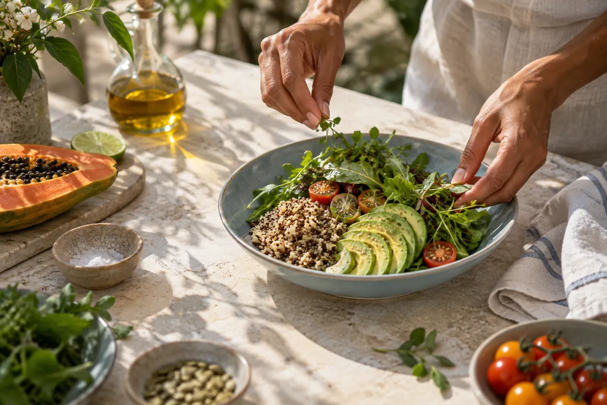 Manos preparando un plato con vegetales frescos, aguacate y quinoa